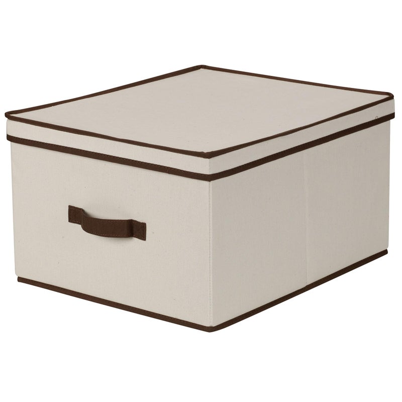 Household Essentials 515 Storage Box with Lid and Handle- Natural Beige Canvas with Brown Trim- Jumbo - Image 1